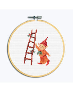 Christmas elf with a ladder. Embroidery framed in a hoop. Dutch Stitch Brothers DSB043B