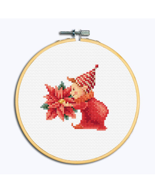 Lutin de Noël avec poinsettia. Broderie encadrée dans un tambour. Dutch Stitch Brothers DSB043D