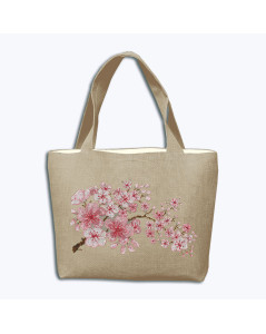 Bag embroidered in cross stitch. Pattern: a branch of pink sakura flowers. Embroidery kit. Le Bonheur des Dames 8019