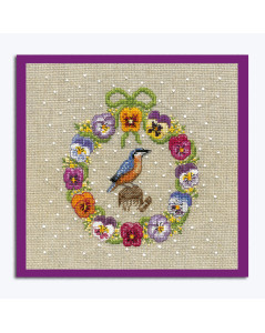 Embroidered picture. February wreath. Blue and orange bird and pansies. Le Bonheur des Dames 2689