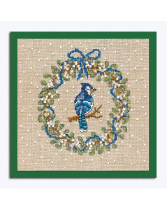 Embroidered picture. January wreath. Jay bird, white flowers, blue ribbons. Le Bonheur des Dames 2688.