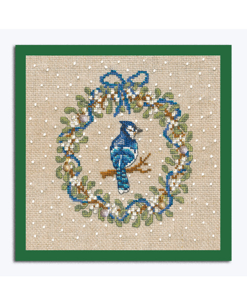 Embroidered picture. January wreath. Jay bird, white flowers, blue ribbons. Le Bonheur des Dames 2688.