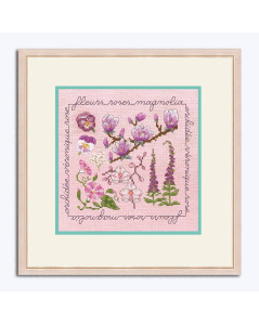 Pink, white and fuchsia flowers. Miniature picture embroidered in counted stitch on pink linen. Le Bonheur des Dames 2286