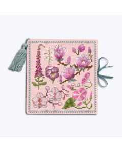 Cross stitch kit on pink linen. Needle case with pink, white, fuchsia flowers. Le Bonheur des Dames 3482