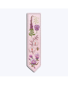 Embroidered bookmark on pink linen. Pink, white and fuchsia flowers. Cross stitch kit by Le Bonheur des Dames 4596