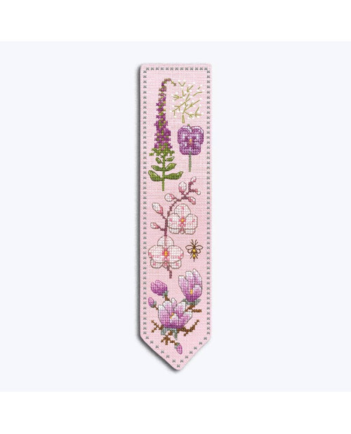 Embroidered bookmark on pink linen. Pink, white and fuchsia flowers. Cross stitch kit by Le Bonheur des Dames 4596