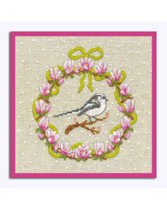 Embroidered picture. March wreath. Long-tailed tit, magnolia flowers, green ribbons. Le Bonheur des Dames 2690.