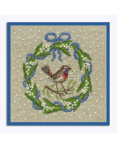 Embroidered picture. May wreath. Bluethroat, lily of the valley, blue ribbons. Le Bonheur des Dames 2692.