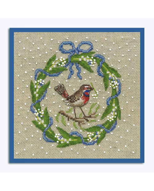 Embroidered picture. May wreath. Bluethroat, lily of the valley, blue ribbons. Le Bonheur des Dames 2692.