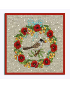 Embroidered picture. June wreath. Black-headed warbler, red poppies, blue ribbons. Le Bonheur des Dames 2693.