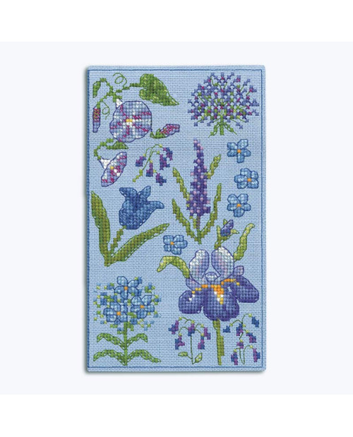 Étui à lunettes en lin bleu avec broderie au point de croix - fleurs bleues, mauves. Kit Le Bonheur des Dames 3249