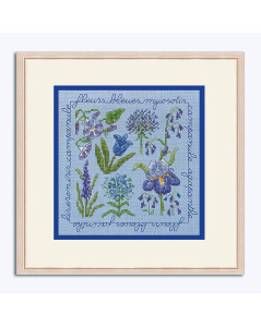 Miniature fleurs bleues, mauves à broder sur lin bleu. Kit complet. Le Bonheur des Dames 2287