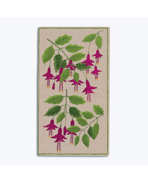 Fuchsias. Spectacle case embroidered with traditional embroidery stitches on natural linen. Le Bonheur des Dames 3011 Fuchsias. Spectacle case embroidered with traditional embroidery stitches on natural linen. Le Bonheur des Dames 3011