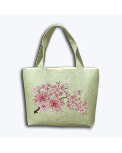 Bag embroidered in cross stitch. Pattern: a branch of pink sakura flowers. Embroidery kit. Le Bonheur des Dames 8019