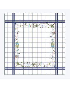 Embroidered tablecloth in white linen with navy blue grid : beach, sea. Le Bonheur des Dames 6040
