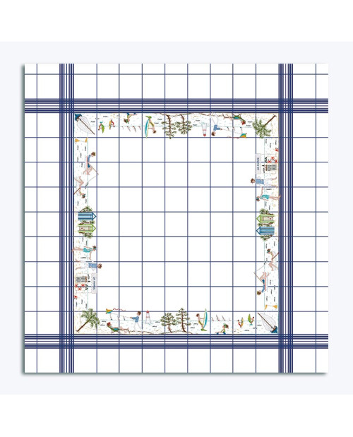 Embroidered tablecloth in white linen with navy blue grid : beach, sea. Le Bonheur des Dames 6040