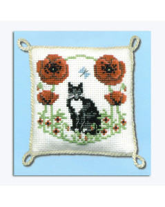 Cross-stitched pincushion, decorated with poppies and a black and white cat. Textile Heritage Collection.