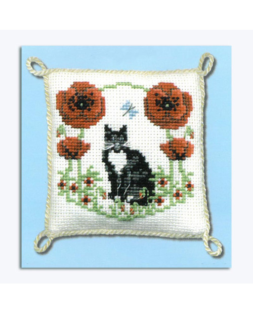 Cross-stitched pincushion, decorated with poppies and a black and white cat. Textile Heritage Collection.