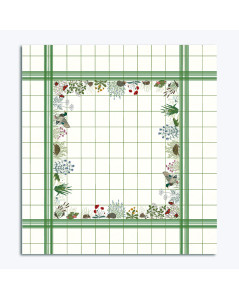 Cross stitch kit with embroidered meadow design on linen tablecloth – featuring wildflowers, birds, insects, and small animals.
