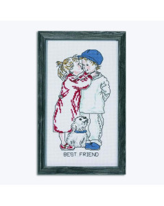 Meilleur ami. Kit broderie point de croix compté représentant deux jeunes enfants et un chien. Permin of Copenhagen.