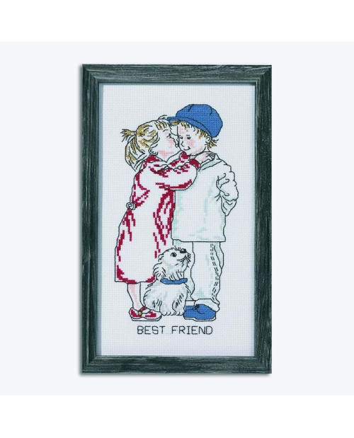 Meilleur ami. Kit broderie point de croix compté représentant deux jeunes enfants et un chien. Permin of Copenhagen. Meilleur ami. Kit broderie point de croix compté représentant deux jeunes enfants et un chien. Permin of Copenhagen.