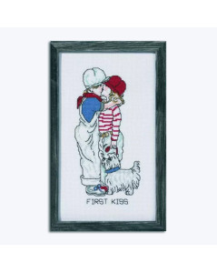 First Kiss. Counted cross stitch embroidery kit featuring two children sharing their first kiss and a dog. Permin of Copenhagen
