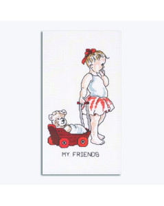 Counted Cross Stitch Kit – A little girl pulling her teddy bear in a wagon. Permin of Copenhagen 921182