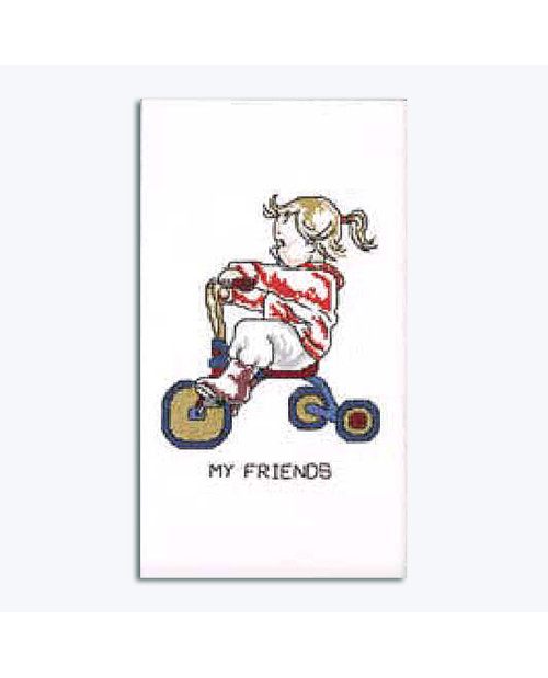 Counted cross stitch embroidery kit – a little girl on a tricycle. Permin of Copenhagen 921184