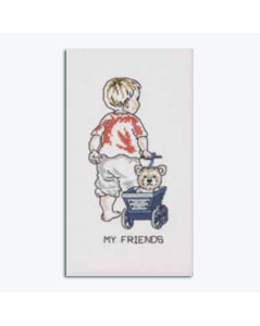 Kit broderie point de croix - un jeune garçon avec son ourson dans un chariot bleu. Permin of Copenhagen 921183