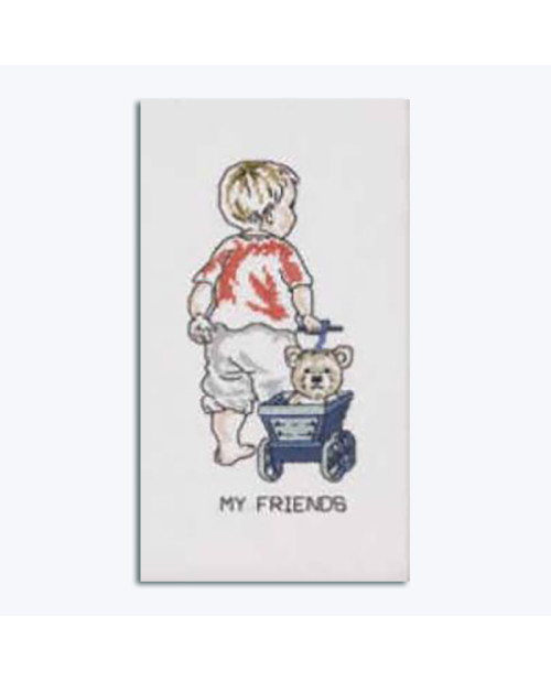 Kit broderie point de croix - un jeune garçon avec son ourson dans un chariot bleu. Permin of Copenhagen 921183
