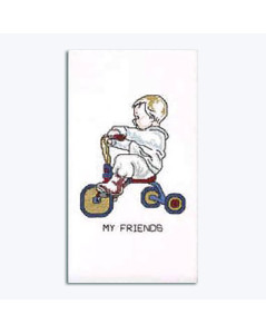 Counted cross stitch embroidery kit – a little boy on a tricycle. Permin of Copenhagen 921185