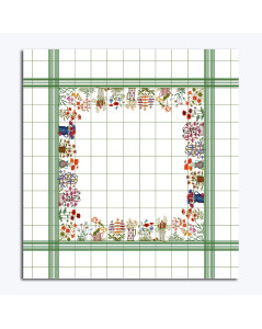 Nappe blanche avec quadrillage vert avec motif brodé sur le périmètre pots de fleurs.