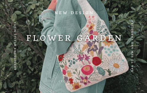 Flower Garden. Linen bag with printed design to sew and embroider. Satin stitch embroidery design by Cecile Vessiere n° 2922