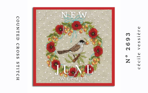 June wreath - Black-headed warbler. Counted cross stitch embroidery kit on Aida fabric. Le Bonheur des Dames 2693