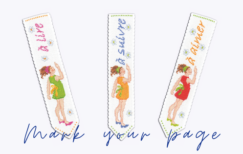 Cross-stitch bookmarks featuring girls with the inscriptions “To Read,” “To Follow,” and “To Love.” in French.