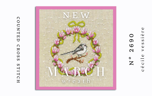 March wreath - bird and magnolia. Counted cross stitch embroidery kit on Aida fabric. Le Bonheur des Dames 2690