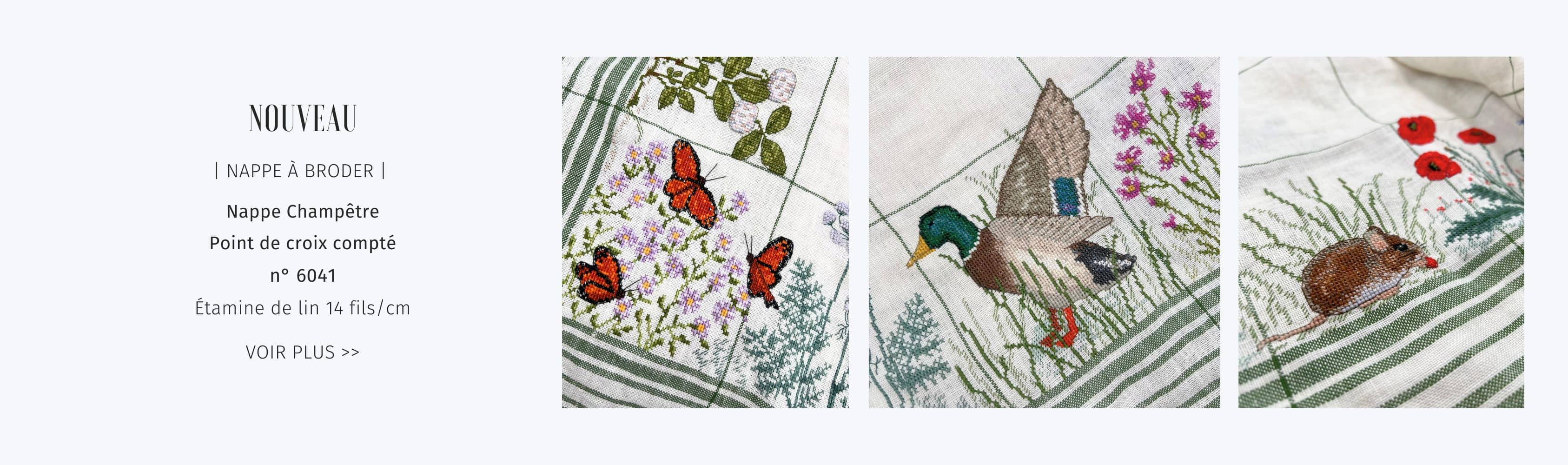 Nappe Champêtre. Kit broderie au point de croix compté sur étamine de lin. Le Bonheur des Dames n° 6041