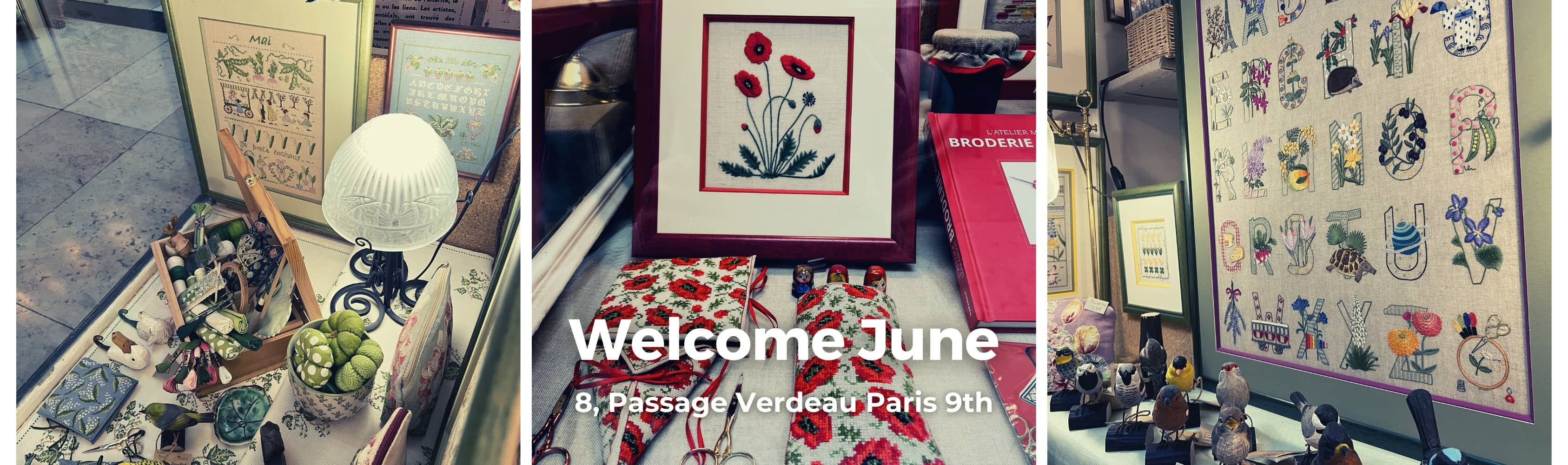 Welcome June. Shop-windows of our store at 8 Passage Verdeau Paris 9th - June selection of embroideries and decorations