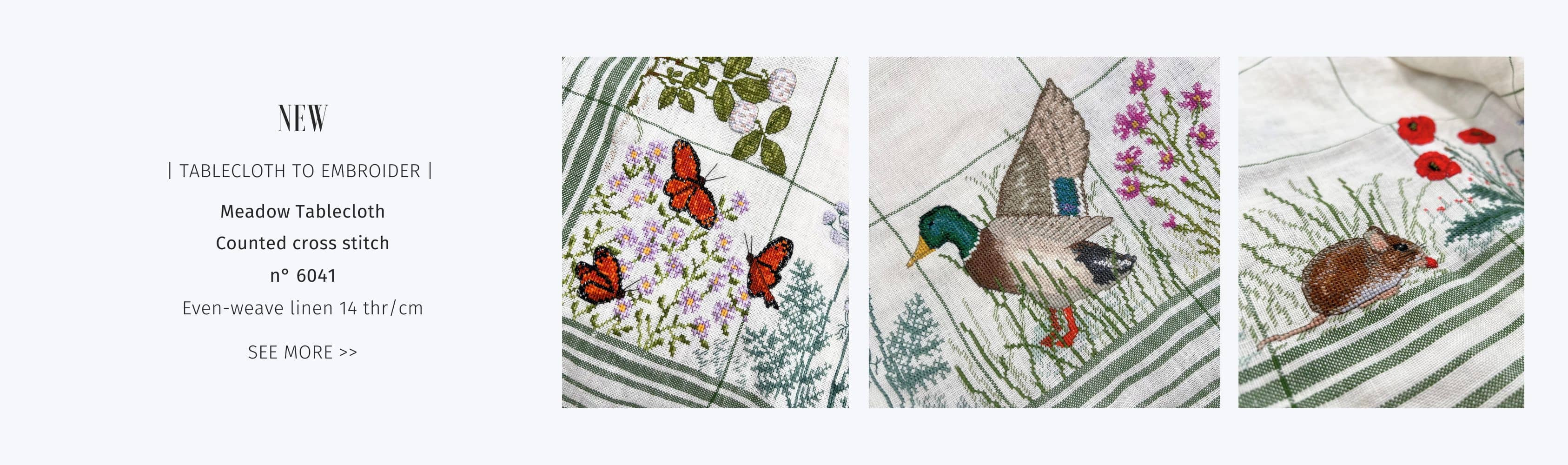 Meadow Tablecloth. Counted cross stitch embroidery kit on even-weave linen. Le Bonheur des Dames n° 6041