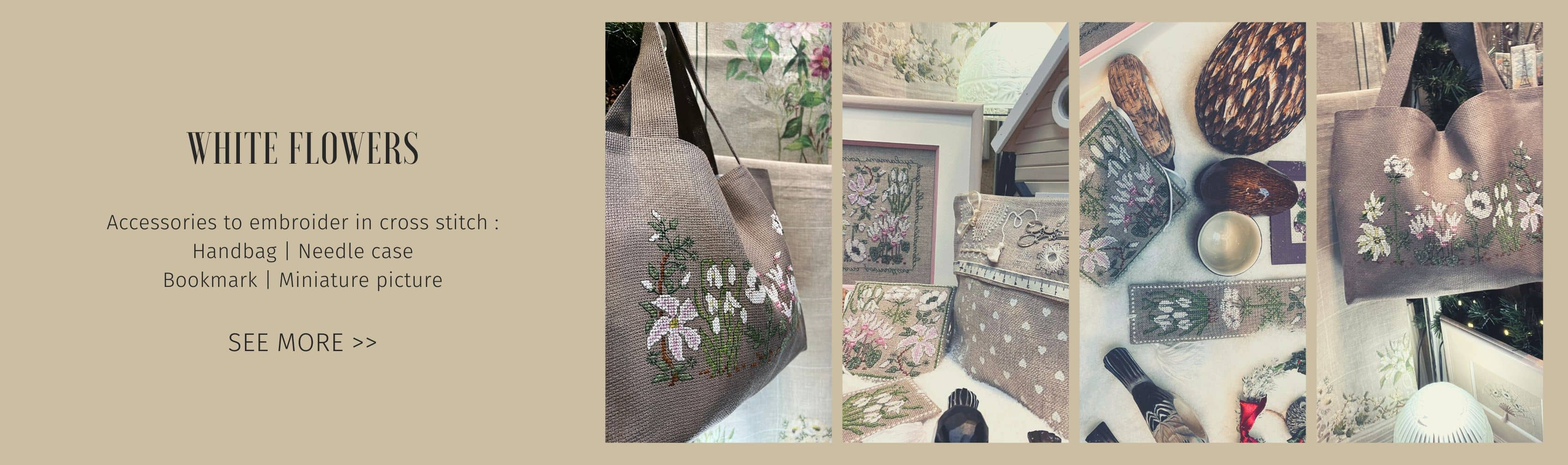 New patterns to embroider in cross stitch - White Flowers. Accessories: bag, needle case, bookmark, miniature square picture