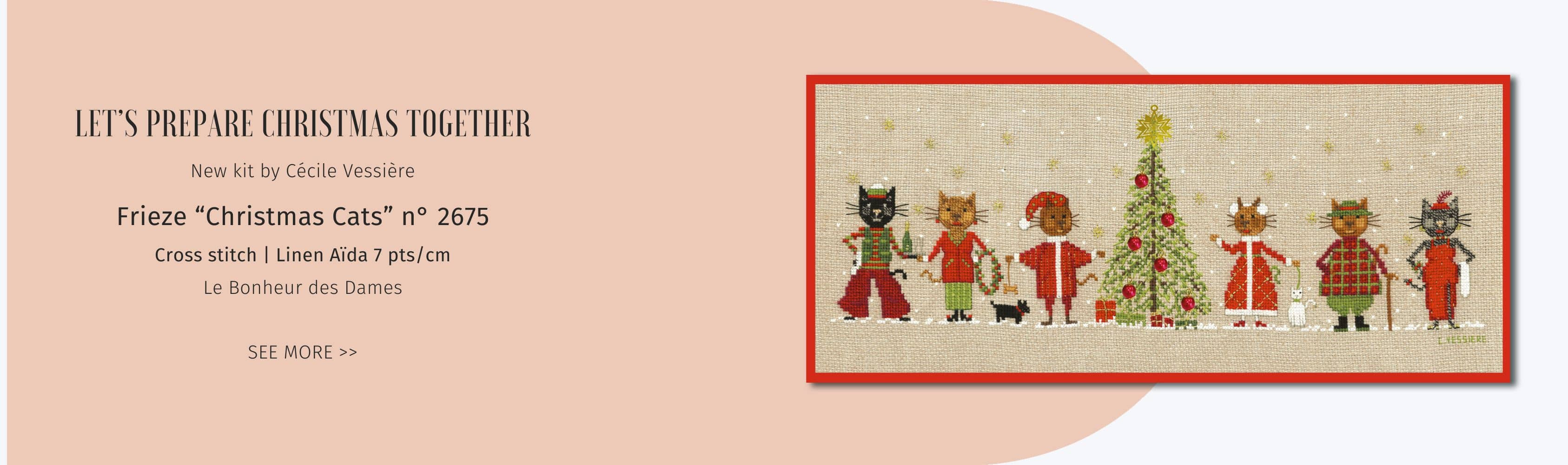 Christmas Cats Frieze. New counted cross stitch on 7 pts/cm linen Aida. Le Bonheur des Dames n° 2675
