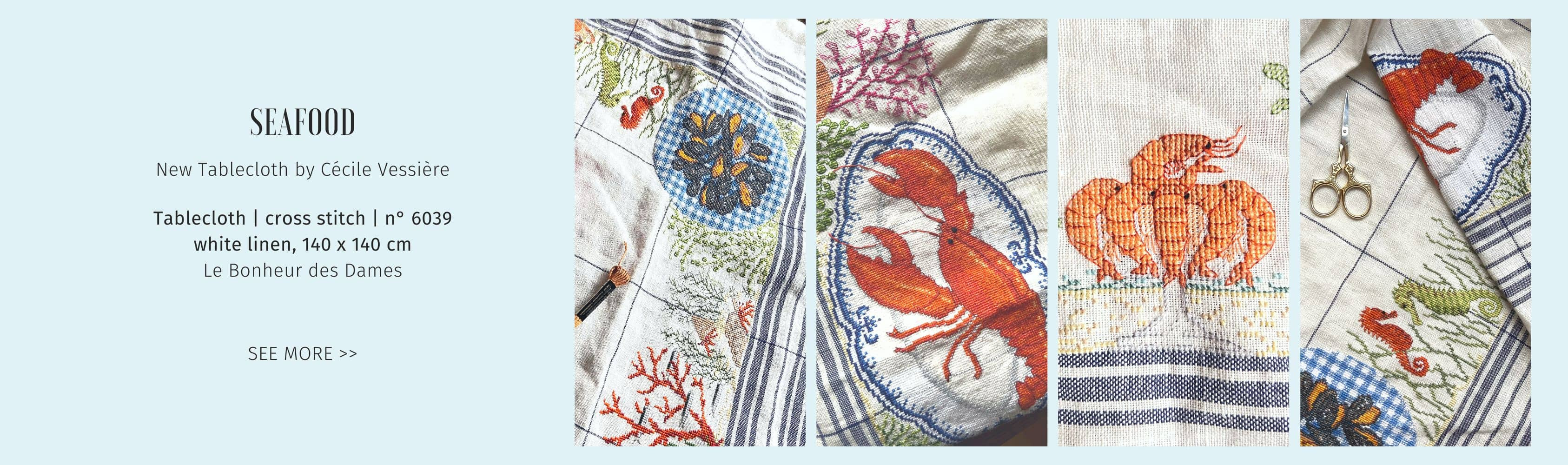 Seafood. New tablecloth to embroider in cross stitch on 14 thr/cm linen. Le Bonheur des Dames ref: 6039